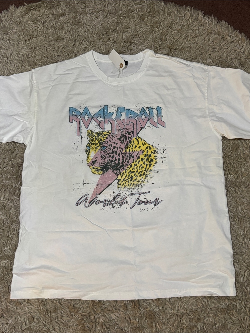 White Rock & Roll Graphic Tee with Leopard Motif